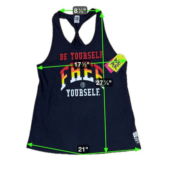 Zumba Wear Racerback Tank Top Black Sz Medium "Be Yourself. Free Yourself." NWT - Picture 8 of 10